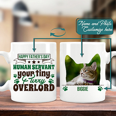 Personalized Photo Cat Dad Human Servant Your Tiny Furry Overlord Happy Cat Father's Day Dad Mug Beer Stein