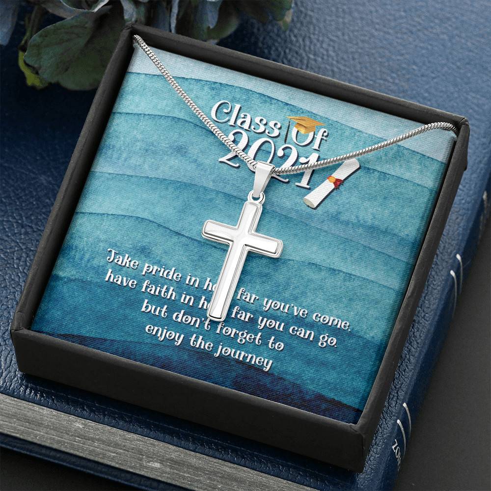 Take Pride In How Far You Can Come Class Of 2021 Artisan Crafted Cross Necklace - Graduation Gift Necklace