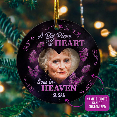 Personalized Photo A Big Piece Of My Heart Lives In Heaven Decorative Ornament - Holiday Flat Circle Ornament