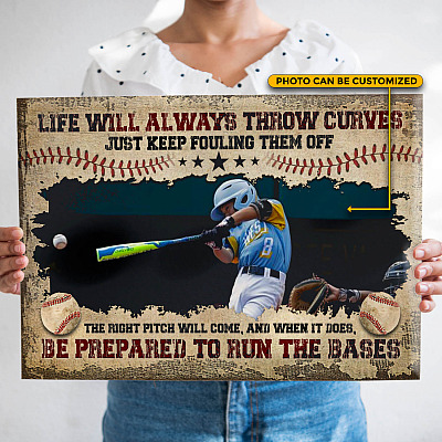 Personalized Photo Baseball Life Will Always Throw Curves Just Keep Fouling Them Off Canvas Prints - Unframed Poster