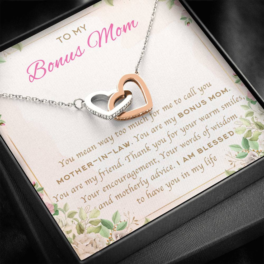 To My Bonus Mom You Mean Way Too Much For Me To Call You Mother In Law Interlocking Hearts Pendant Necklace