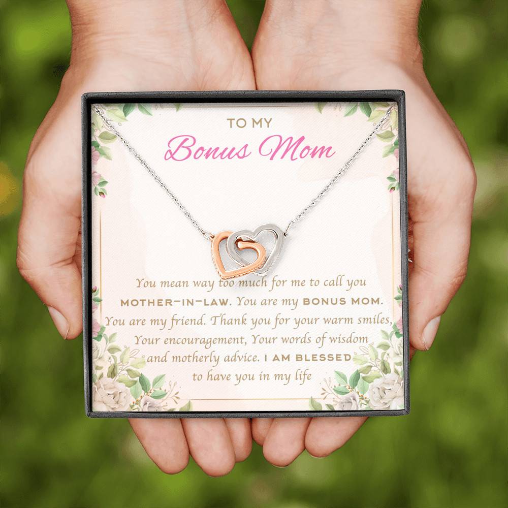 To My Bonus Mom You Mean Way Too Much For Me To Call You Mother In Law Interlocking Hearts Pendant Necklace