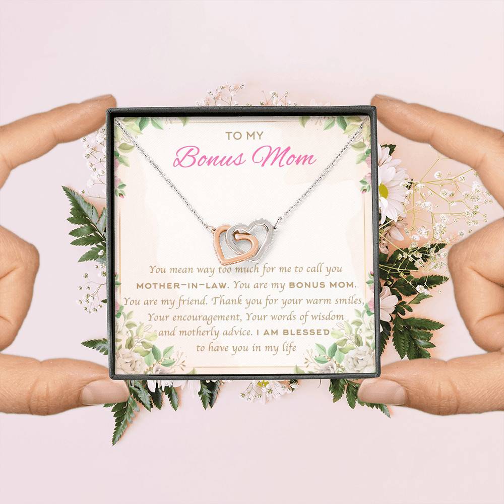 To My Bonus Mom You Mean Way Too Much For Me To Call You Mother In Law Interlocking Hearts Pendant Necklace