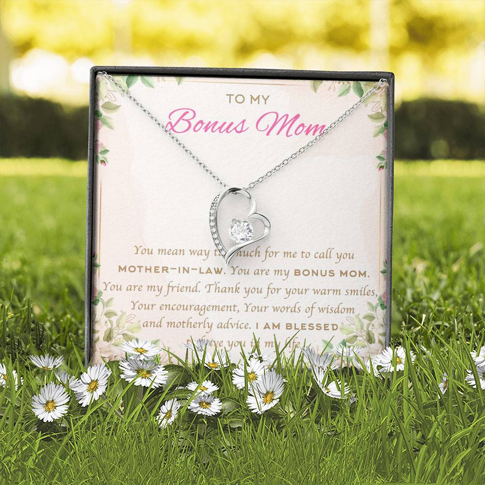 To My Bonus Mom You Mean Way Too Much For Me To Call You Mother In Law Forever Love Heart Pendant Necklace