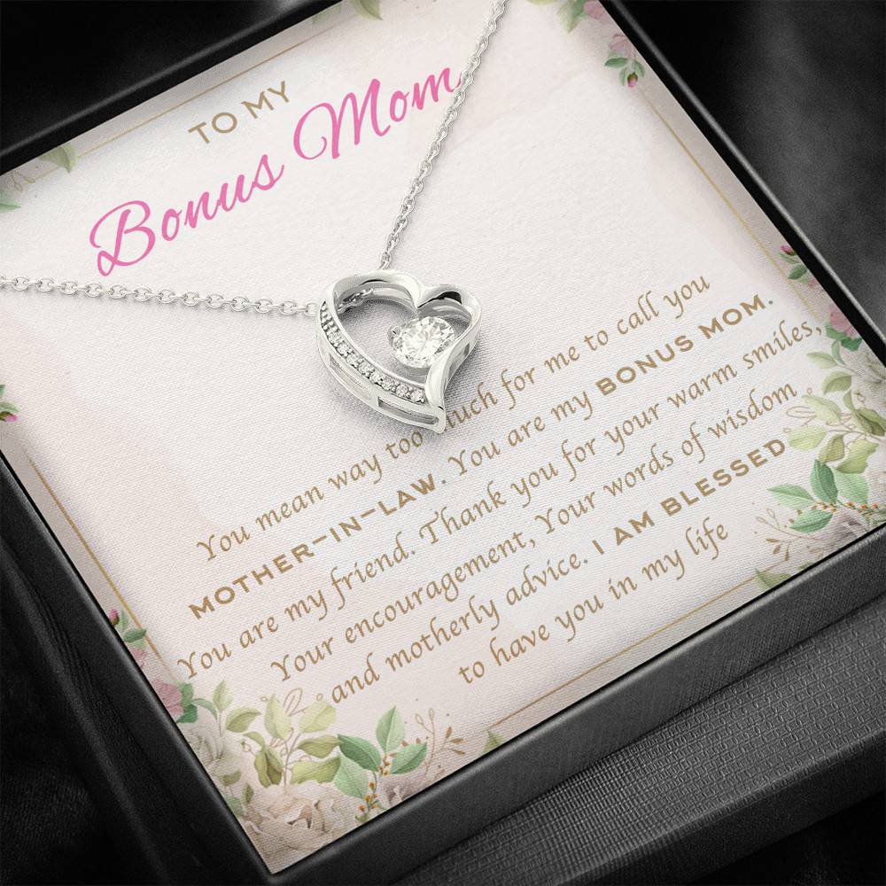 To My Bonus Mom You Mean Way Too Much For Me To Call You Mother In Law Forever Love Heart Pendant Necklace