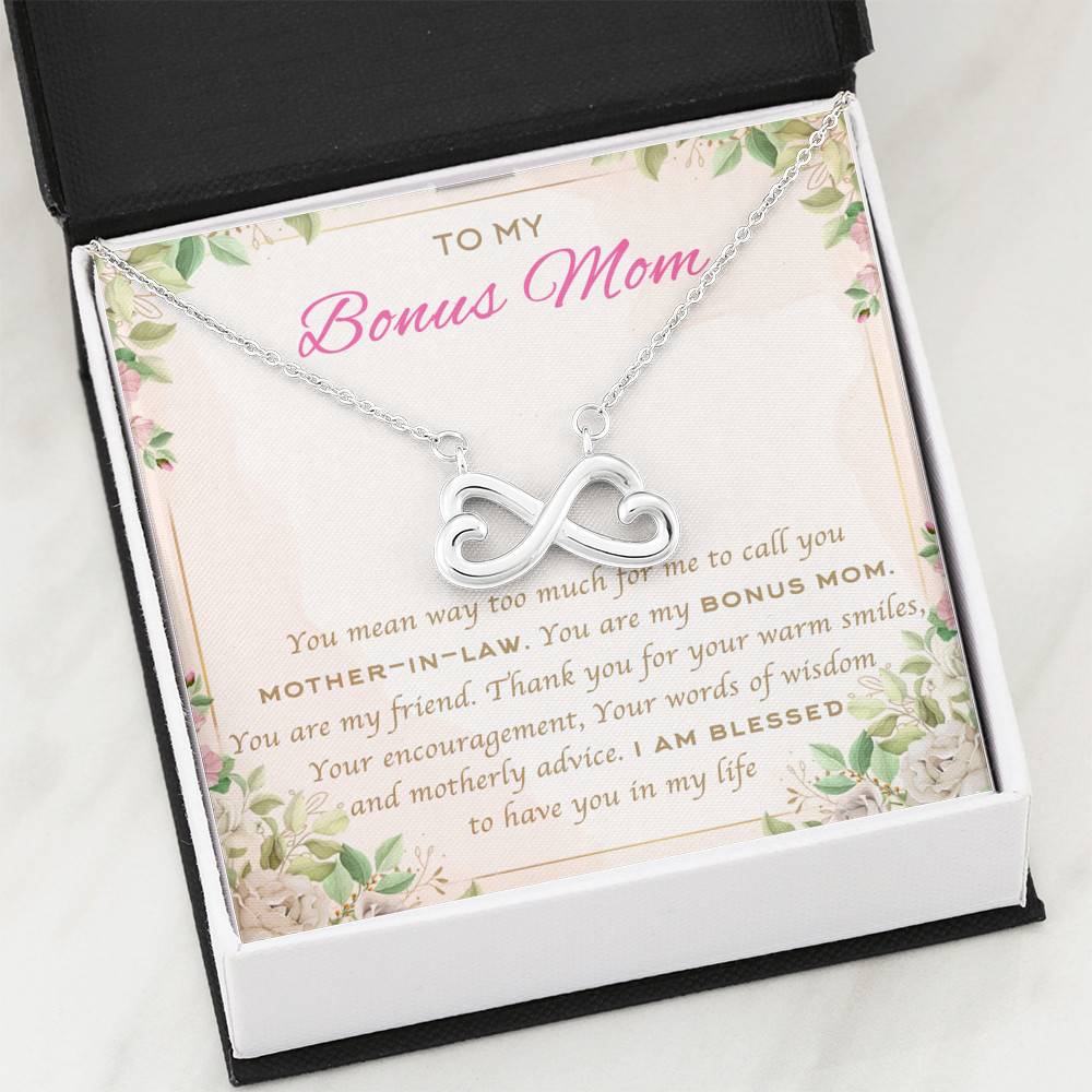 To My Bonus Mom You Mean Way Too Much For Me To Call You Mother In Law Infinity Heart Pendant Necklace