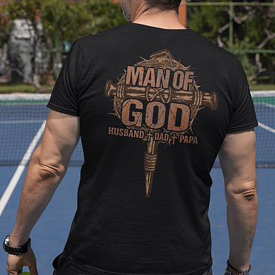 Alternative view of Cross Man of God Husband Dad Papa Print On Back Plain Front T-Shirt - Father's Day Christian Dad Shirt