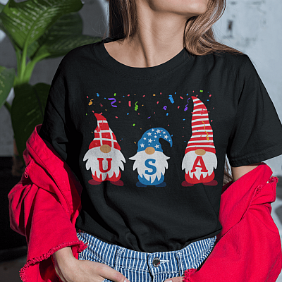 Alternative view of Three Gnomes Celebrate Independence Day 4th Of July T-shirt - V-neck - Fourth Of July Shirt