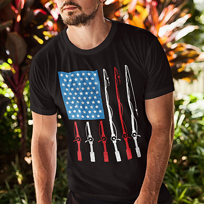 Alternative view of Father's Day Fishing Gifts Fishing Rod American Flag T-Shirt - V-Neck Tee - Fishing Dad Shirt