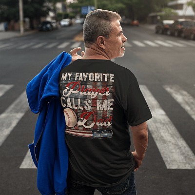 Alternative view of My Favorite Baseball Player Calls Me Dad American Flag Print On Back T-Shirt Only - Dad Gifts From Baseball Son