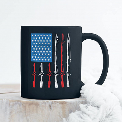 Father's Day Gifts Fishing Rod American Flag Coffee Mug - Beer Stein - Water Bottle - Color Changing Mug