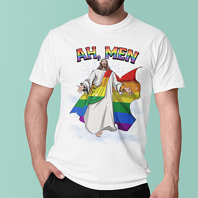 Ah Men Rainbow Gay Jesus Christian LGBT Pride Flag T-Shirt - Funny LGBT Gay Pride Jesus Rainbow Christian Shirt