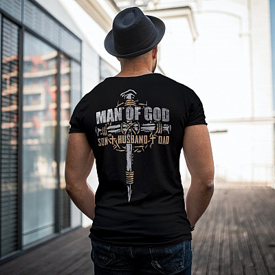 Alternative view of Man Of God Son Husband Dad Print On Back T-Shirt - Man Of God Shirt