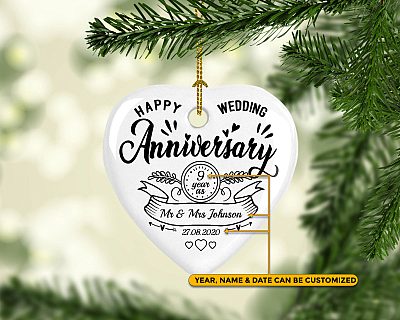 Alternative view of Personalized Happy Wedding Anniversary Decorative Christmas Ornament Keepsake - Holiday Flat Heart Ornament