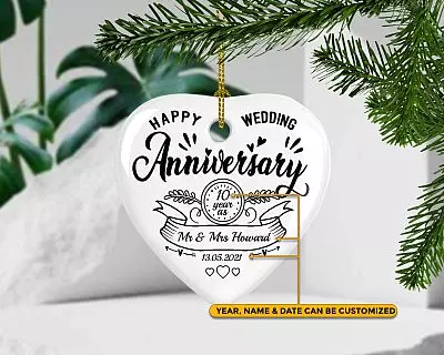 Personalized Happy Wedding Anniversary Decorative Christmas Ornament Keepsake - Holiday Flat Heart Ornament