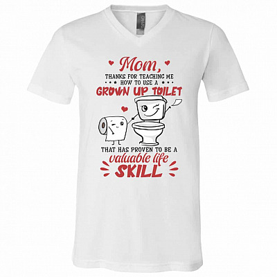 Mom Thanks For Teaching t, White, V-Neck T-Shirt