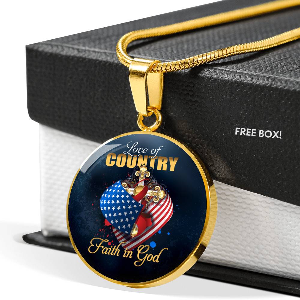 Christian Love of Country Faith in God Patriotic Heart Cross American Flag Circle Pendant Necklace