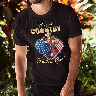 Alternative view of Love of Country Faith in God Christian American T-Shirt - Patriotic Heart Cross American Flag Shirt
