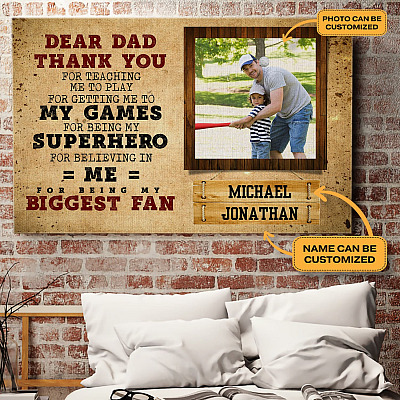 Custom Photo Dear Dad Thank You for Being My Biggest Fan Baseball Framed Canvas - Unframed Poster