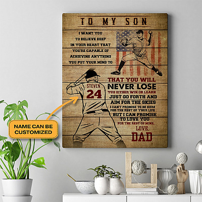 Alternative view of Personalized Baseball Dad To My Son I Want You To Believe Deep In Your Heart Framed Canvas - Unframed Poster