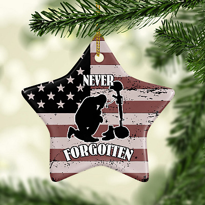 Never Forgotten Kneeling Soldier America Flag Decorative Christmas Ornament - Holiday Flat Star Ornament