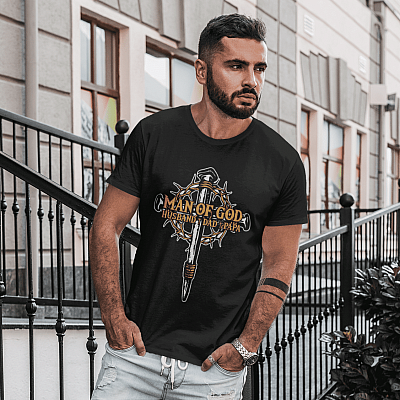 Alternative view of Christian Cross Man Of God Husband Dad Papa T-Shirt - Cross With Crown Of Thorns Crucifixion Shirt