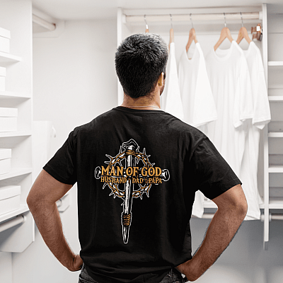 Alternative view of Christian Cross Man Of God Husband Dad Papa Print On Back Only T-Shirt - Cross With Crown Of Thorns Shirt