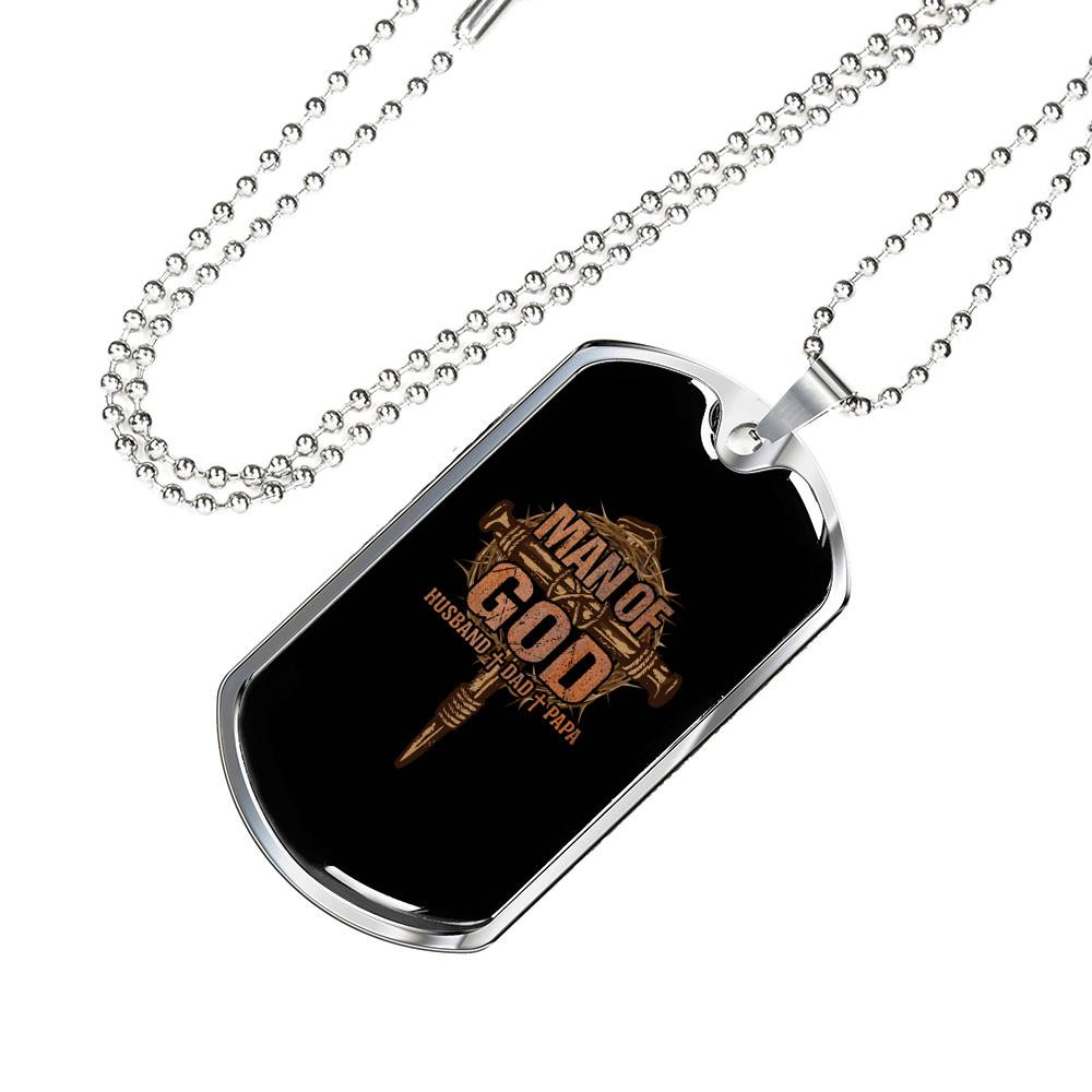 Men Cross Man of God Husband Dad Papa Christian Dog Tag Pendant Necklace