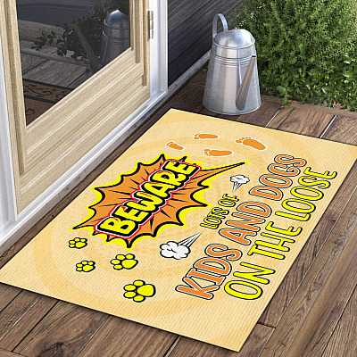 Beware Lots of Kids and Dogs On The Loose Funny Indoor Outdoor Decorative Doormat