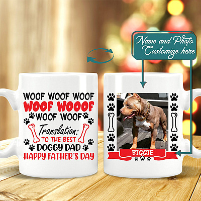 Personalized Photo Dad Dog Woof Translation Ceramic Coffee Mug - Water Bottle - Color Changing Mug