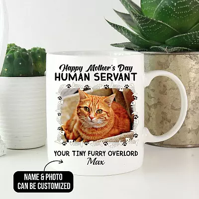 Personalized Photo Happy Mother's Day Human Servant Your Tiny Furry Overlord Cat Mom Ceramic Coffee Mug