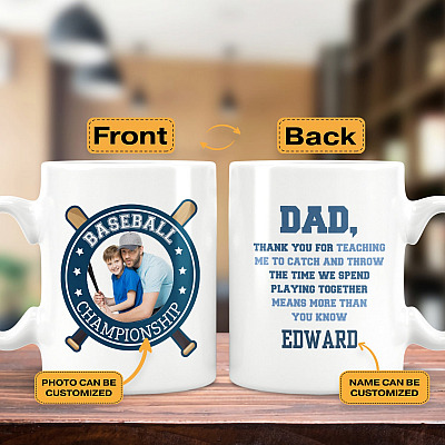 Alternative view of Personalized Photo Dad Thank You for Teaching Me to Catch and Throw Baseball Ceramic Coffee Mug