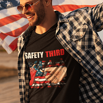 Alternative view of Safety Third American Flag Funny 4th July T-Shirt - Patriotic Fireworks Shirt - Funny 4th Of July Gifts