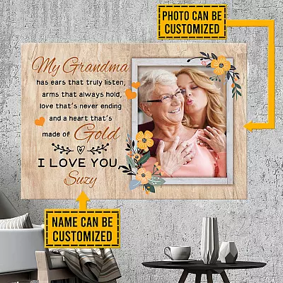 Custom Photo My Grandma Heart That's made Of Gold Framed Canvas - Unframed Poster - Gift For Grandma