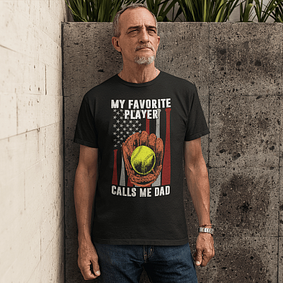 Alternative view of American Flag My Favorite Player Calls Me Dad Vintage T-Shirt - Retro Softball Player Shirt