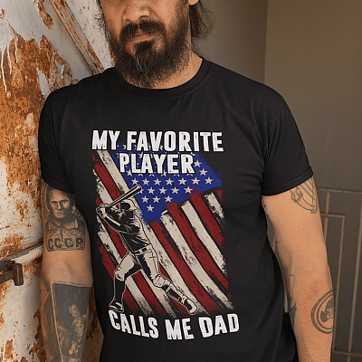 Alternative view of American Flag My Favorite Player Calls Me Dad Vintage T-Shirt - Retro Baseball Player Shirt