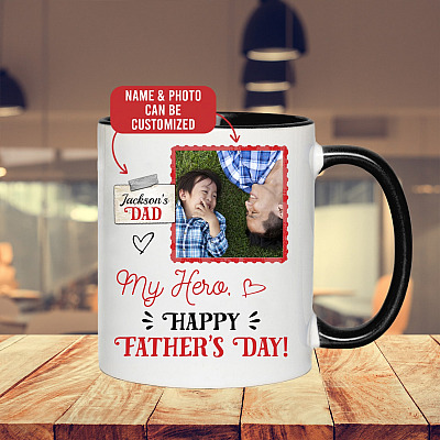 Personalized Photo My Hero Happy Father's Day Ceramic Accent Coffee Mug - Custom Dad Gifts