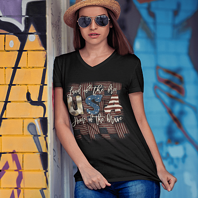 Alternative view of American Patriotic Gifts American Flag USA Land of the Free Home of the Brave T-Shirt - V-Neck Tee