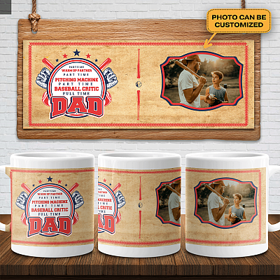 Alternative view of Personalized Photo Father Son Daughter Baseball Partner Mug - Fun Part Time Pitching Machine Baseball Dad Mug