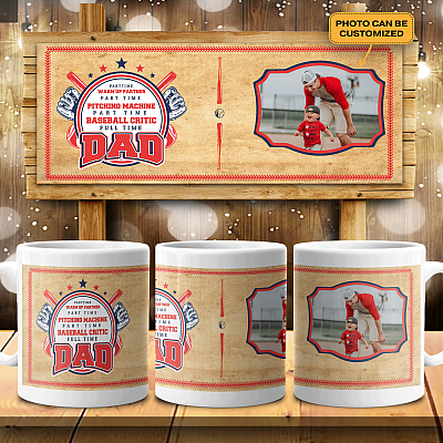 Personalized Photo Father Son Daughter Baseball Partner Mug - Fun Part Time Pitching Machine Baseball Dad Mug