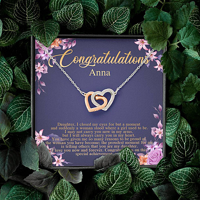 Personalized Congratulations To My Daughter Interlocking Hearts Pendant Necklace - Congrats Daughter Necklace