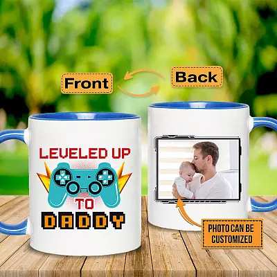 Personalized Photo Leveled Up To Dad Gaming Accent Coffee Mug - New Dad Gift