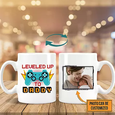 Personalized Photo Leveled Up To Dad Gaming Ceramic Coffee Mug - Water Bottle - New Dad Gift