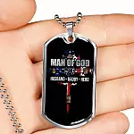 Personalized Man Of God Husband Daddy Hero Veteran Dad 4th of July Father's Day Meme Saying Dog Tag Necklace