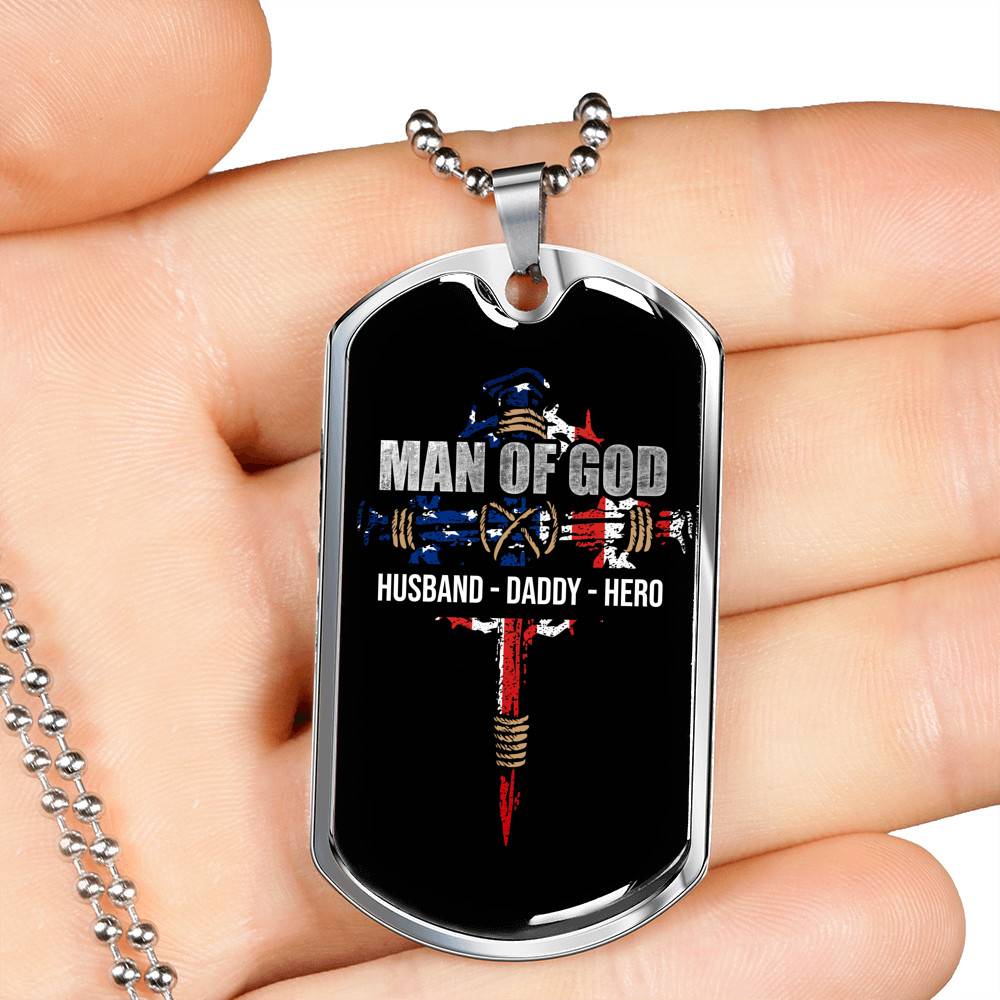 Personalized Man Of God Husband Daddy Hero Veteran Dad 4th of July Father's Day Meme Saying Dog Tag Necklace