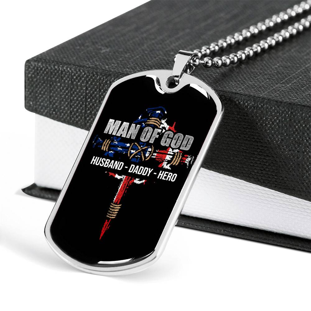 Personalized Man Of God Husband Daddy Hero Veteran Dad 4th of July Father's Day Meme Saying Dog Tag Necklace
