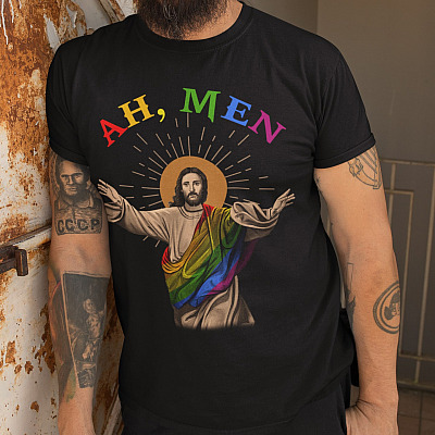 Alternative view of Ah Men Gay Jesus Christ Funny LGBT Gay Pride Rainbow Flag T-shirt - V-neck - LGBTQ Christian Shirt