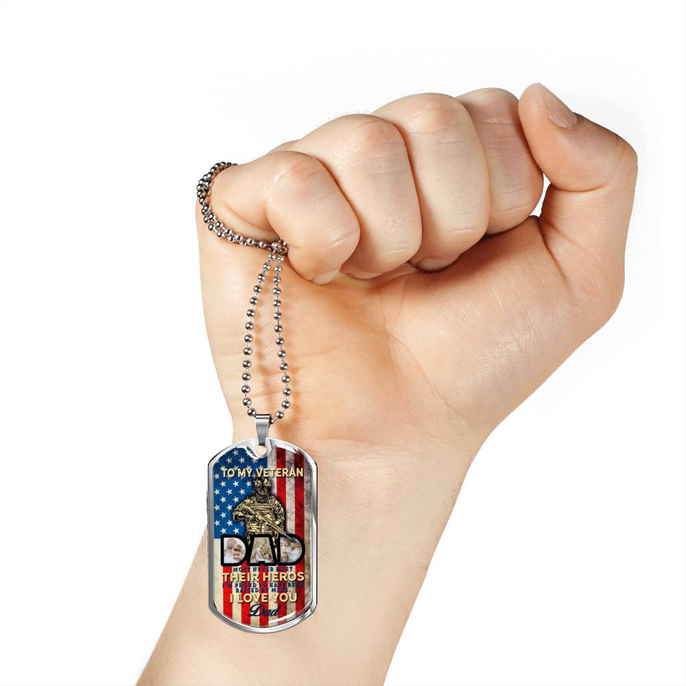 Personalized Photo To My Veteran Dad Husband Daddy Hero 4th of July Father's Day Meme Saying Dog Tag Necklace