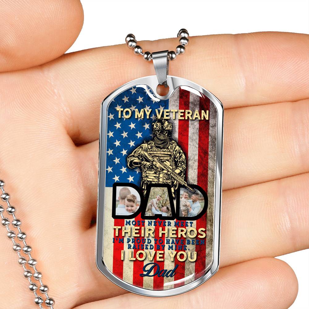 Personalized Photo To My Veteran Dad Husband Daddy Hero 4th of July Father's Day Meme Saying Dog Tag Necklace