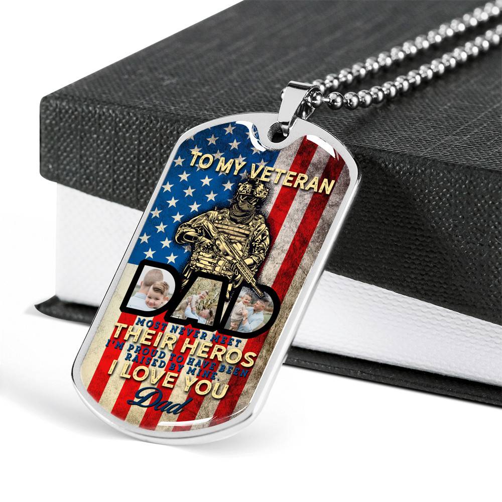 Personalized Photo To My Veteran Dad Husband Daddy Hero 4th of July Father's Day Meme Saying Dog Tag Necklace